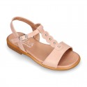 NUDE Nappa Leather Girl T-Strap Sandal shoes with CRYSTALS design.