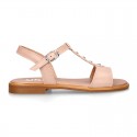 NUDE Nappa Leather Girl T-Strap Sandal shoes with CRYSTALS design.