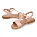 NUDE Nappa Leather Girl T-Strap Sandal shoes with CRYSTALS design.