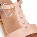 NUDE Nappa Leather Girl T-Strap Sandal shoes with CRYSTALS design.