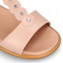 NUDE Nappa Leather Girl T-Strap Sandal shoes with CRYSTALS design.