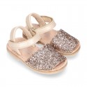 EXTRA SOFT leather Menorquina sandals with hook and loop strap and glitter design.