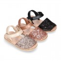 EXTRA SOFT leather Menorquina sandals with hook and loop strap and glitter design.