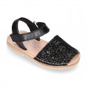 EXTRA SOFT leather Menorquina sandals with hook and loop strap and glitter design.