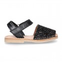 EXTRA SOFT leather Menorquina sandals with hook and loop strap and glitter design.