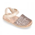 EXTRA SOFT leather Menorquina sandals with hook and loop strap and glitter design.