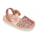 EXTRA SOFT leather Menorquina sandals with hook and loop strap and glitter design.