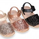 EXTRA SOFT leather Menorquina sandals with hook and loop strap and glitter design.