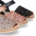 EXTRA SOFT leather Menorquina sandals with hook and loop strap and glitter design.