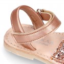 EXTRA SOFT leather Menorquina sandals with hook and loop strap and glitter design.