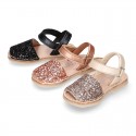 EXTRA SOFT leather Menorquina sandals with hook and loop strap and glitter design.