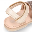 EXTRA SOFT leather Menorquina sandals with hook and loop strap and glitter design.