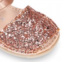 EXTRA SOFT leather Menorquina sandals with hook and loop strap and glitter design.