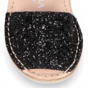 EXTRA SOFT leather Menorquina sandals with hook and loop strap and glitter design.