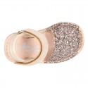 EXTRA SOFT leather Menorquina sandals with hook and loop strap and glitter design.