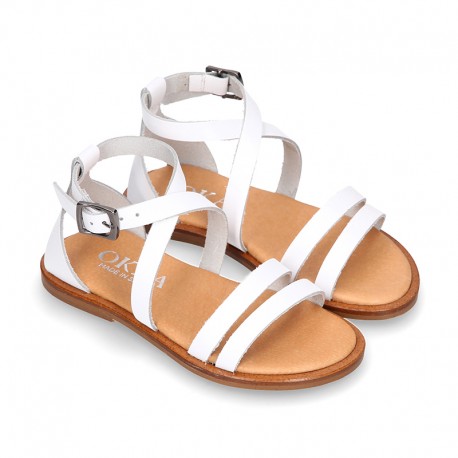 WHITE Nappa leather Girl sandal shoes with straps ROMAN design.