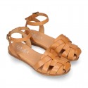 Cowhide leather Girl sandal shoes jelly type design with ankle strap closure.