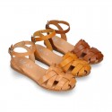 Cowhide leather Girl sandal shoes jelly type design with ankle strap closure.