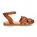 Cowhide leather Girl sandal shoes jelly type design with ankle strap closure.