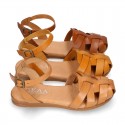 Cowhide leather Girl sandal shoes jelly type design with ankle strap closure.