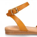 Cowhide leather Girl sandal shoes jelly type design with ankle strap closure.