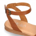 Cowhide leather Girl sandal shoes jelly type design with ankle strap closure.