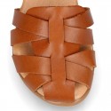 Cowhide leather Girl sandal shoes jelly type design with ankle strap closure.
