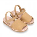 SUEDE LEATHER Kids Menorquina sandals with hook and loop strap closure.