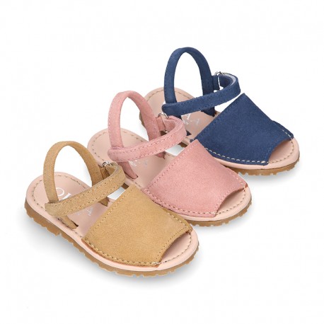 SUEDE LEATHER Kids Menorquina sandals with hook and loop strap closure.