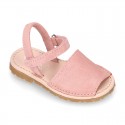 SUEDE LEATHER Kids Menorquina sandals with hook and loop strap closure.