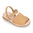 SUEDE LEATHER Kids Menorquina sandals with hook and loop strap closure.