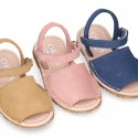 SUEDE LEATHER Kids Menorquina sandals with hook and loop strap closure.