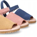 SUEDE LEATHER Kids Menorquina sandals with hook and loop strap closure.