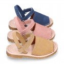 SUEDE LEATHER Kids Menorquina sandals with hook and loop strap closure.