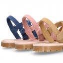 SUEDE LEATHER Kids Menorquina sandals with hook and loop strap closure.