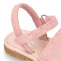 SUEDE LEATHER Kids Menorquina sandals with hook and loop strap closure.