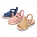 SUEDE LEATHER Kids Menorquina sandals with hook and loop strap closure.