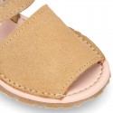 SUEDE LEATHER Kids Menorquina sandals with hook and loop strap closure.