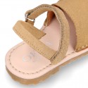 SUEDE LEATHER Kids Menorquina sandals with hook and loop strap closure.