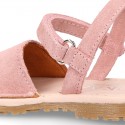 SUEDE LEATHER Kids Menorquina sandals with hook and loop strap closure.