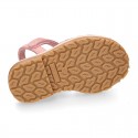 SUEDE LEATHER Kids Menorquina sandals with hook and loop strap closure.