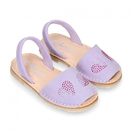 Lilac soft leather girl Menorquina sandals with rear strap and HEARTS design.