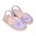 Lilac soft leather girl Menorquina sandals with rear strap and HEARTS design.