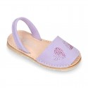 Lilac soft leather girl Menorquina sandals with rear strap and HEARTS design.