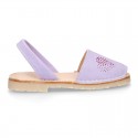 Lilac soft leather girl Menorquina sandals with rear strap and HEARTS design.