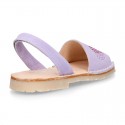 Lilac soft leather girl Menorquina sandals with rear strap and HEARTS design.