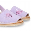 Lilac soft leather girl Menorquina sandals with rear strap and HEARTS design.