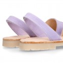 Lilac soft leather girl Menorquina sandals with rear strap and HEARTS design.