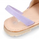 Lilac soft leather girl Menorquina sandals with rear strap and HEARTS design.