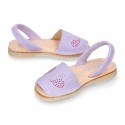 Lilac soft leather girl Menorquina sandals with rear strap and HEARTS design.